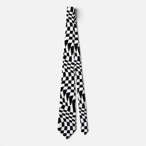 Wavy Warped Black and White Checks Neck Tie