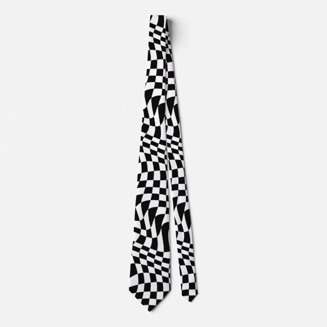 Wavy Warped Black and White Checks Neck Tie (Front)