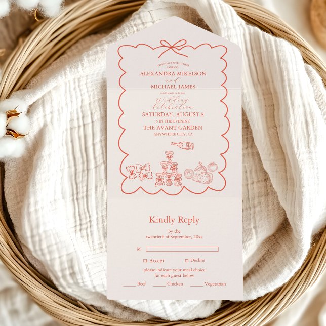 Wavy Whimsical Italian Doodle Wedding  All In One Invitation (Creator Uploaded)