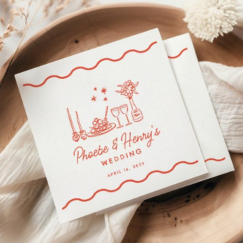 Wavy Whimsical Italian Pasta Doodle Wedding Napkins