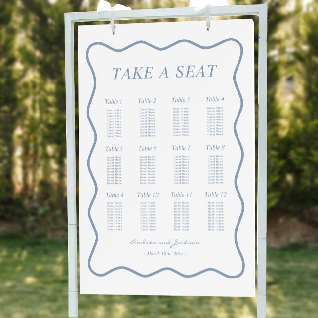 Wavy White and Dusty Blue Wedding Seating Chart Foam Board (Creator Uploaded)