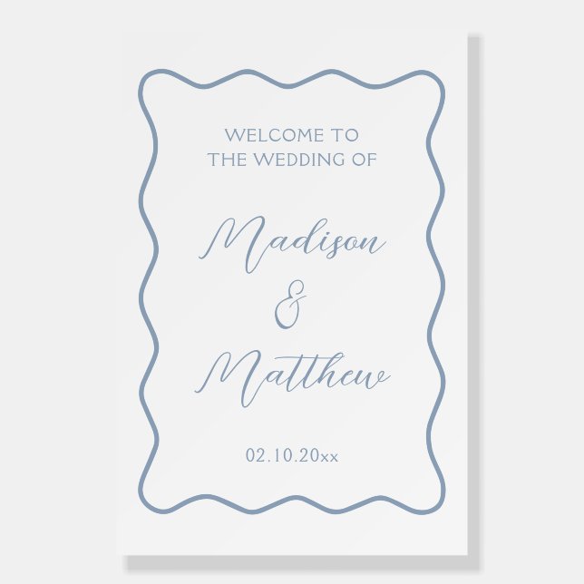 Wavy White and Dusty Blue Wedding Welcome Foam Board (Front)
