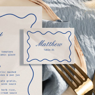 Wavy White and Navy Blue Wedding Place Card DIY