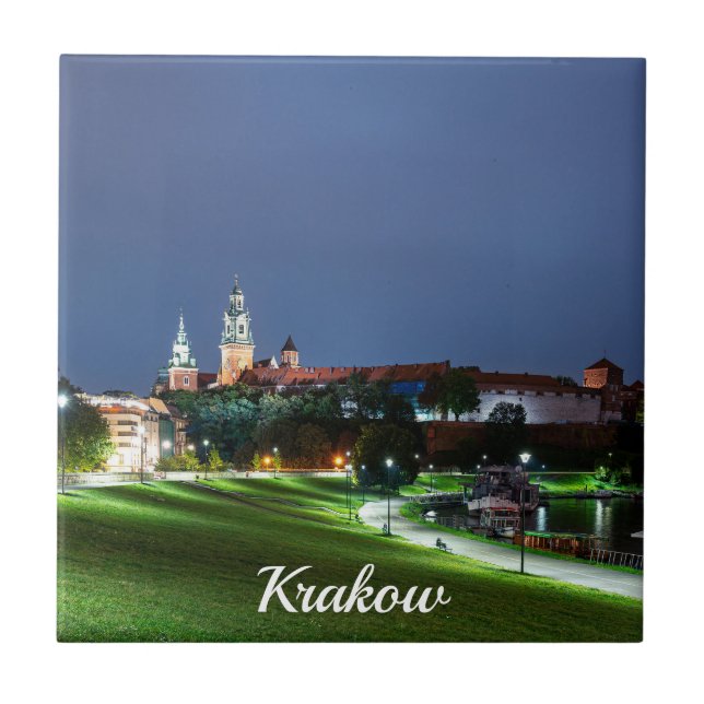 Wawel castle at night in Krakow, Poland Ceramic Tile (Front)