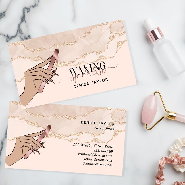 wax blush pink woman hand waxing technician  busin business card (Creator Uploaded)