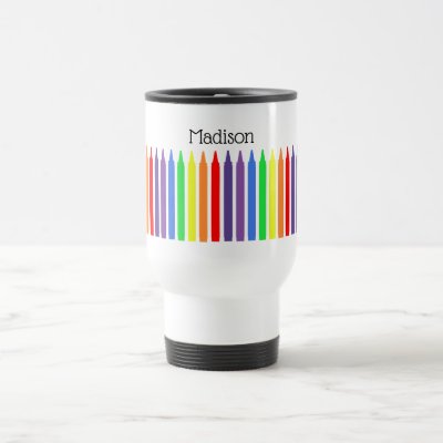 Wax crayons in funky rainbow colours, personalized travel mug