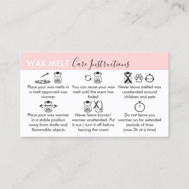 Wax Melt Care Instructions Business Card
