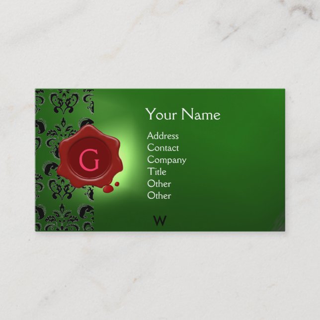 WAX SEAL DAMASK MONOGRAM green Business Card (Front)