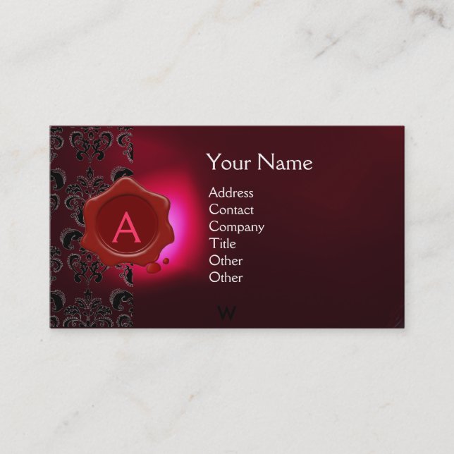 WAX SEAL DAMASK MONOGRAM pink burgundi Business Card (Front)