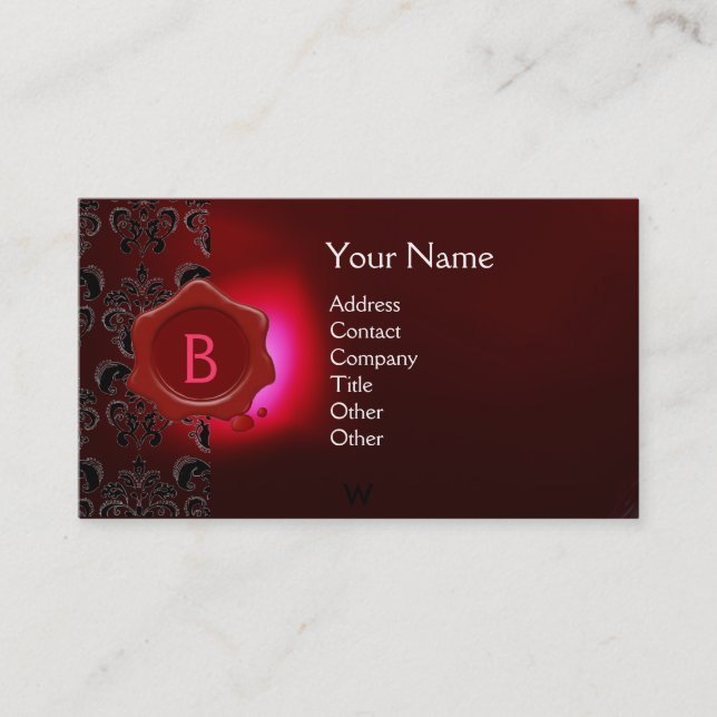 WAX SEAL DAMASK MONOGRAM red burgundi Business Card (Front)