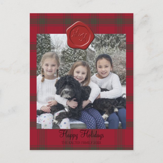 wax seal monogram on plaid photo winter postcard (Front)