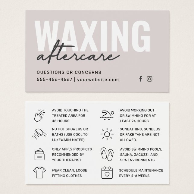 Waxing Aftercare Card Hair Removal Instructions (Front & Back)
