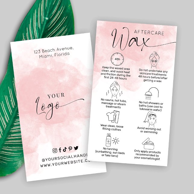 Waxing Aftercare Guide Pink Watercolor Beauty Business Card (Creator Uploaded)