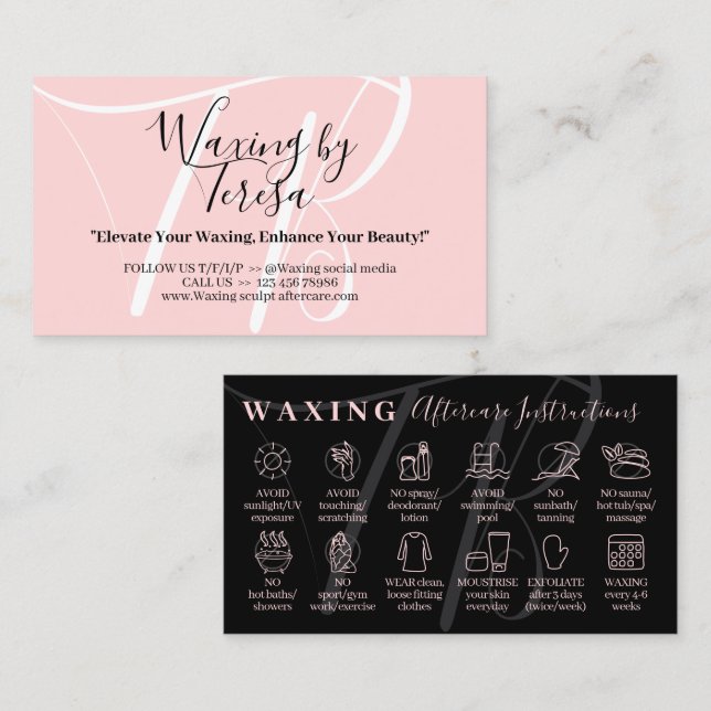Waxing aftercare twelve advice instructions business card (Front/Back)