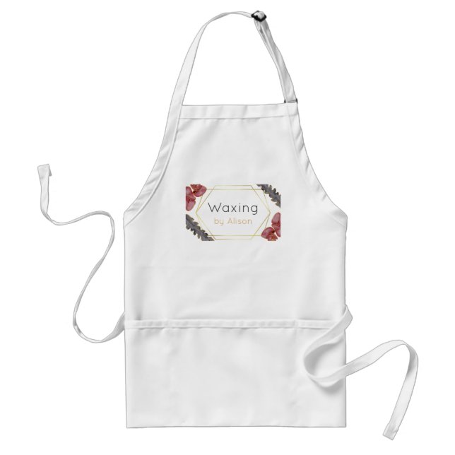 Waxing esthetician gold maroon navy teal flower adult apron (Front)
