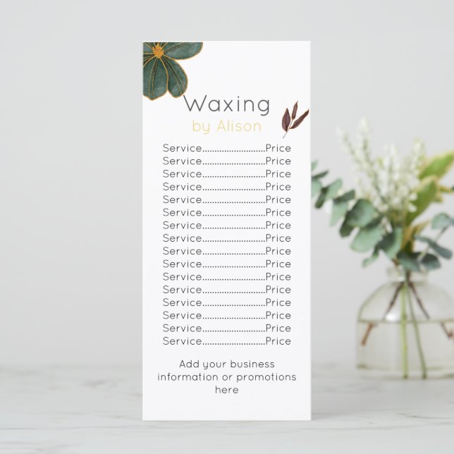 Waxing technician/esthetician golden maroon teal  menu (Standing Front)