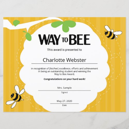 Way to Bee Certificate Student Recognition Award