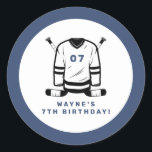 WAYNE Hockey Player Sport Themed Boy Birthday Classic Round Sticker<br><div class="desc">This birthday birthday sticker features hockey themed sticks and jersey with a fun blue and white color combination. Pair with anything in the WAYNE Collection for a cohesive look.</div>