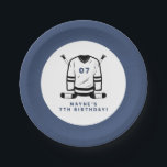 WAYNE Hockey Player Sport Themed Boy Birthday Paper Plates<br><div class="desc">This birthday paper plate features hockey themed sticks and jersey with a fun blue and white color combination. Pair with anything in the WAYNE Collection for a cohesive look.</div>