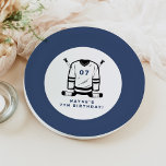 WAYNE Hockey Player Sport Themed Boy Birthday Paper Plates<br><div class="desc">This birthday paper plate features hockey themed sticks and jersey with a fun blue and white color combination. Pair with anything in the WAYNE Collection for a cohesive look.</div>