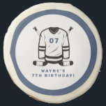 WAYNE Hockey Player Sport Themed Boy Birthday Sugar Cookie<br><div class="desc">This birthday sugar cookie features hockey themed sticks and jersey with a fun blue and white color combination. Pair with anything in the WAYNE Collection for a cohesive look.</div>