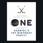 WAYNE Hockey Player SportS Boy Birthday Welcome Poster<br><div class="desc">This birthday welcome sign features hockey themed sticks and puck spelling out ONE with a fun blue and white color combination. Pair with anything in the WAYNE Collection for a cohesive look.</div>