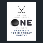 WAYNE Hockey Player SportS Boy Birthday Welcome Poster<br><div class="desc">This birthday welcome sign features hockey themed sticks and puck spelling out ONE with a fun blue and white color combination. Pair with anything in the WAYNE Collection for a cohesive look.</div>