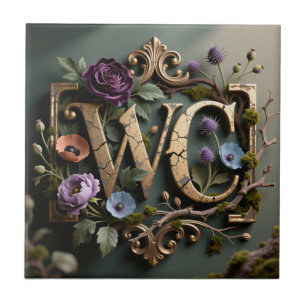 WC Monogram Framed Antique Floral Sign Ceramic Tile