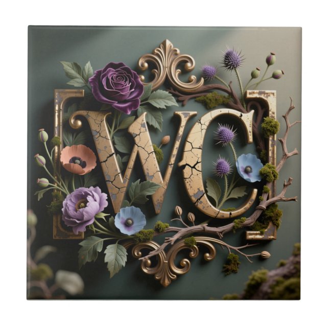 WC Monogram Framed Antique Floral Sign Ceramic Tile (Front)