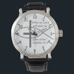 WDJS: Fishers of Men Watch<br><div class="desc">What did Jesus say? This watch contains scripture from the Book of Matthew, chapter 4, verse 19. Jesus told Simon Peter and Andrew that if they would follow Him, he would make them fishers of men. This watch, rendered beautiful by the scripture, features a cross and ichthys design.</div>