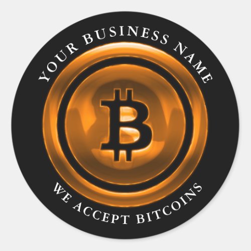 We Accept Bitcoin Symbol Logo Business Name Black Classic Round Sticker