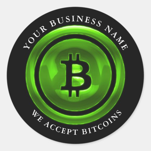 We Accept Bitcoin Symbol Logo Business Name Green Classic Round Sticker