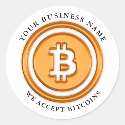 We Accept Bitcoin Symbol Logo Business Name Orange Classic Round Sticker