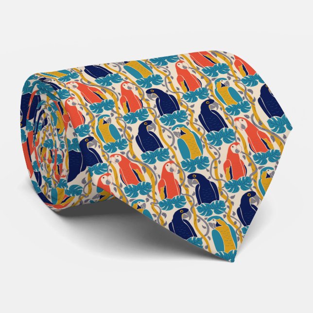 We All Caw For Macaws Tropical Bird Pattern Neck Tie (Rolled)