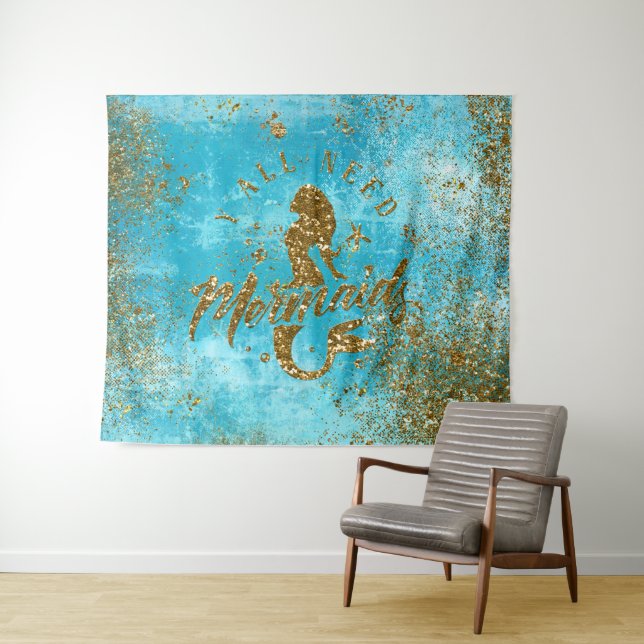 We all need mermaids - Girly Gold Glitter Mermaid Tapestry (In Situ (Horizontal))