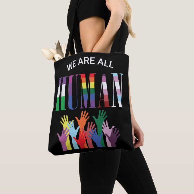 We Are All Human Colorful Hands Tote (Close Up)