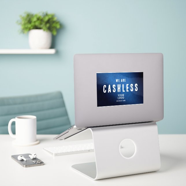 We are Cashless - Blue Grunge Gradient Vinyl Sticker (Laptop On Desk)