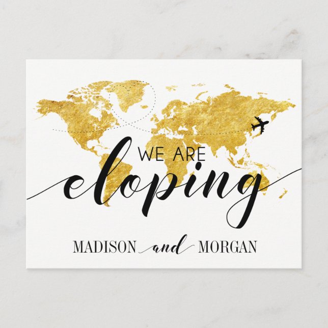 We are eloping gold World map reception invite (Front)