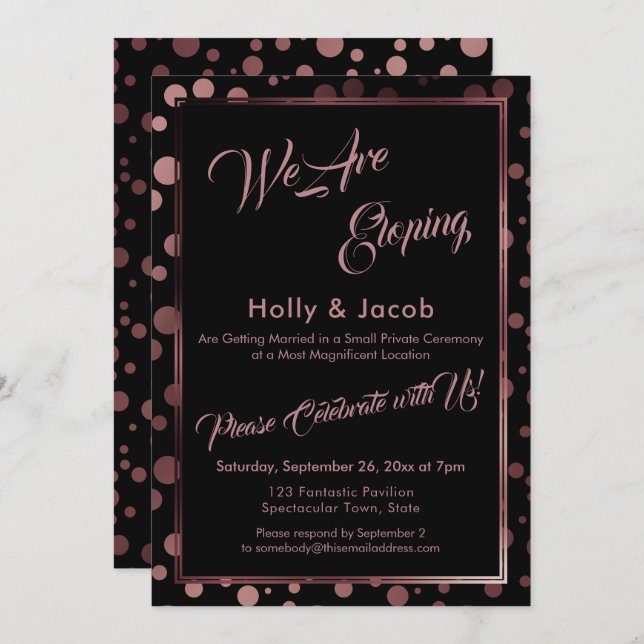 We Are Eloping Rose Gold Confetti Bubbles & Black Invitation (Front/Back)