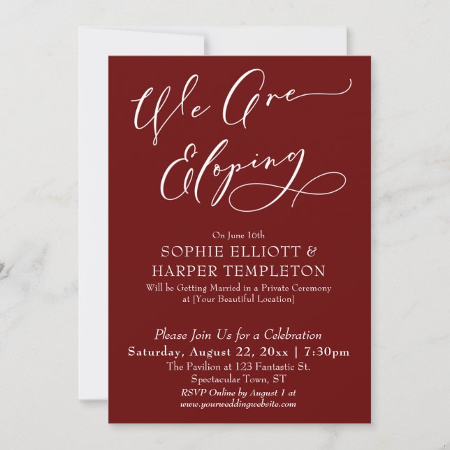 We Are Eloping, Simple Burgundy Celebration Invitation (Front)