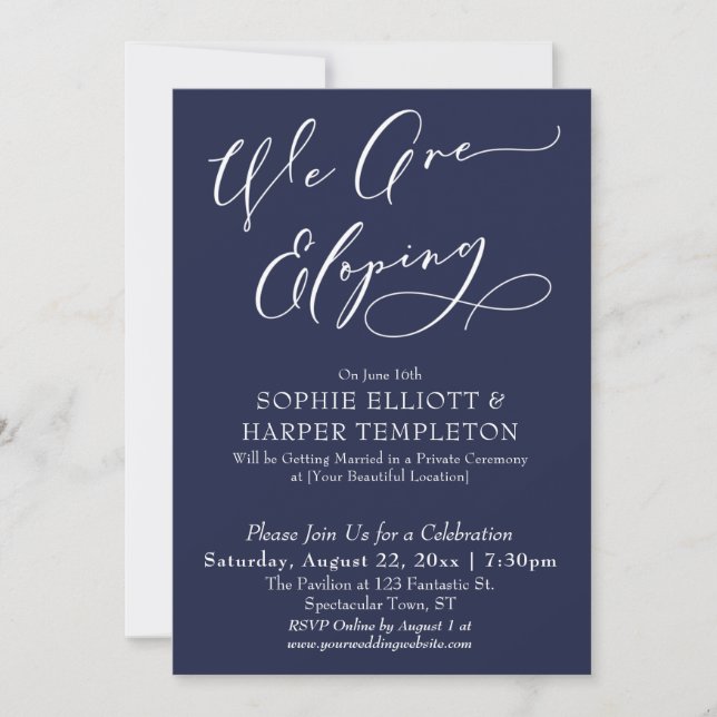 We Are Eloping, Simple Navy Blue Celebration Invitation (Front)