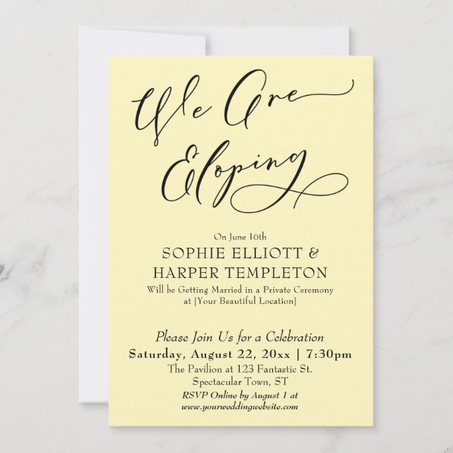 We Are Eloping, Simple Pale Yellow Celebration Invitation (Front)