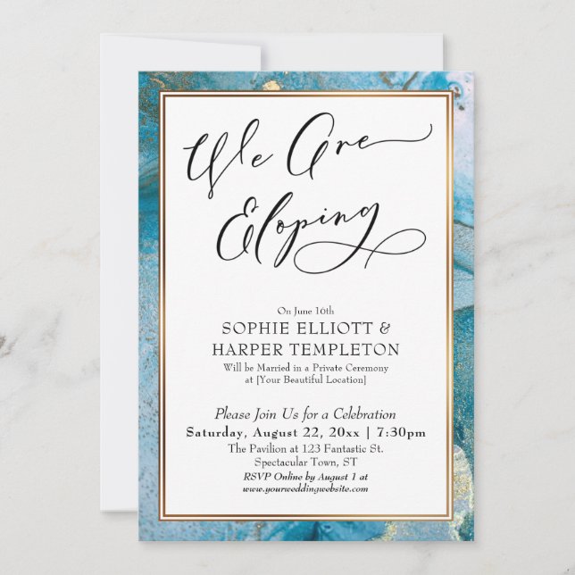 We Are Eloping Teal & Gold Ink Reception Only Invitation (Front)