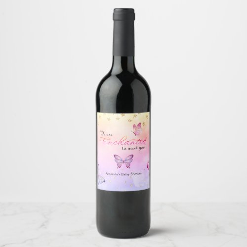 We Are Enchanted To Meet You Butterfly Baby Shower Wine Label