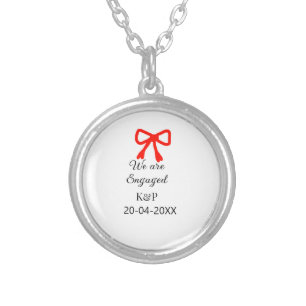 We are engaged add name letter red bow modern text silver plated necklace