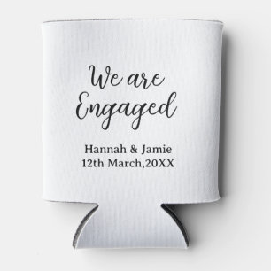 We are Engaged couple name date calligraphystylish Can Cooler