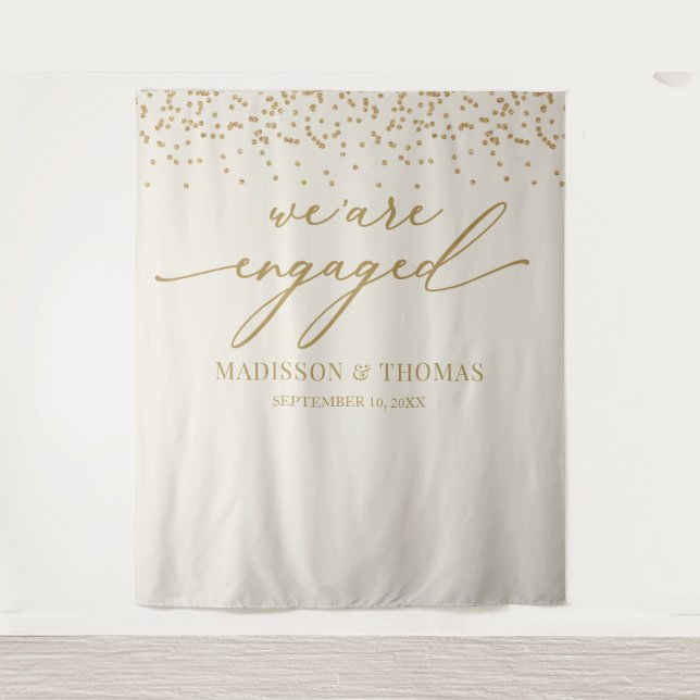 We are Engaged cream glitter gold backdrop (Front)