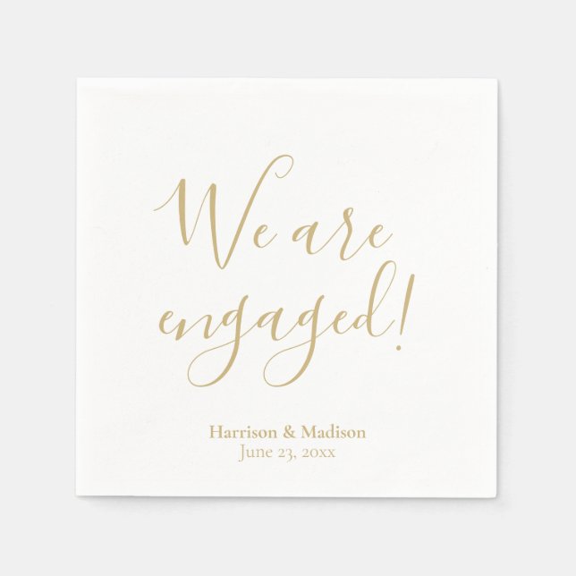 We are engaged gold custom script chic engagement napkins (Front)