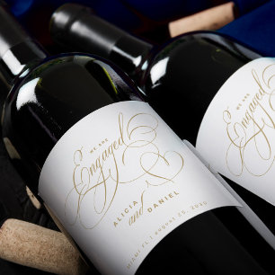 We are engaged gold engagement party wine label