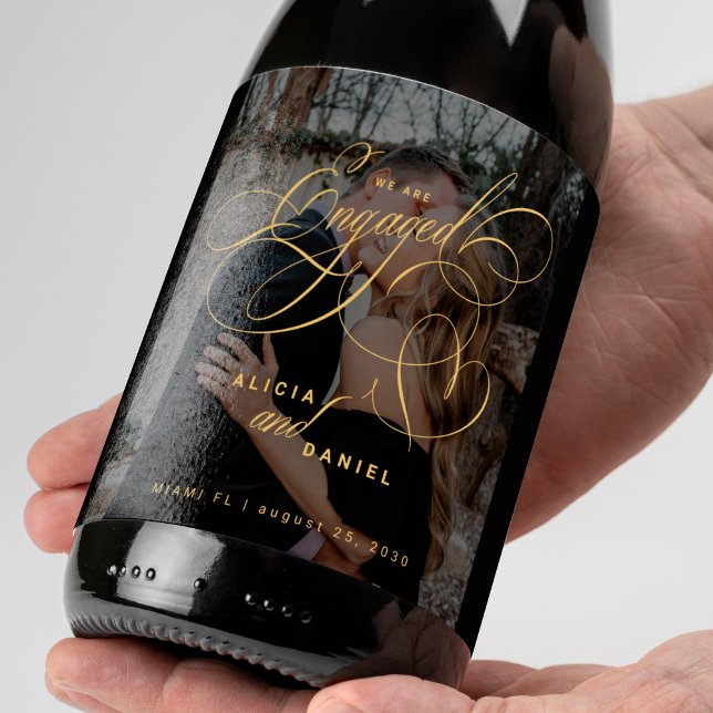 We are engaged gold script photo engagement party wine label (Creator Uploaded)